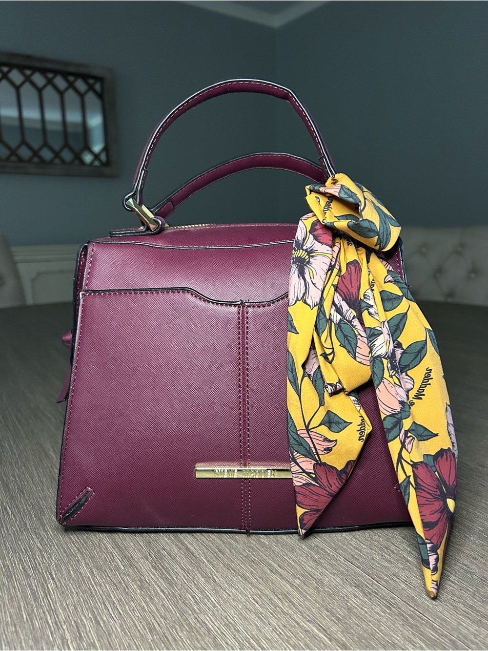 STEVE MADDEN Structured Top-Handle Women's Bag in Plum with Floral Scarf
